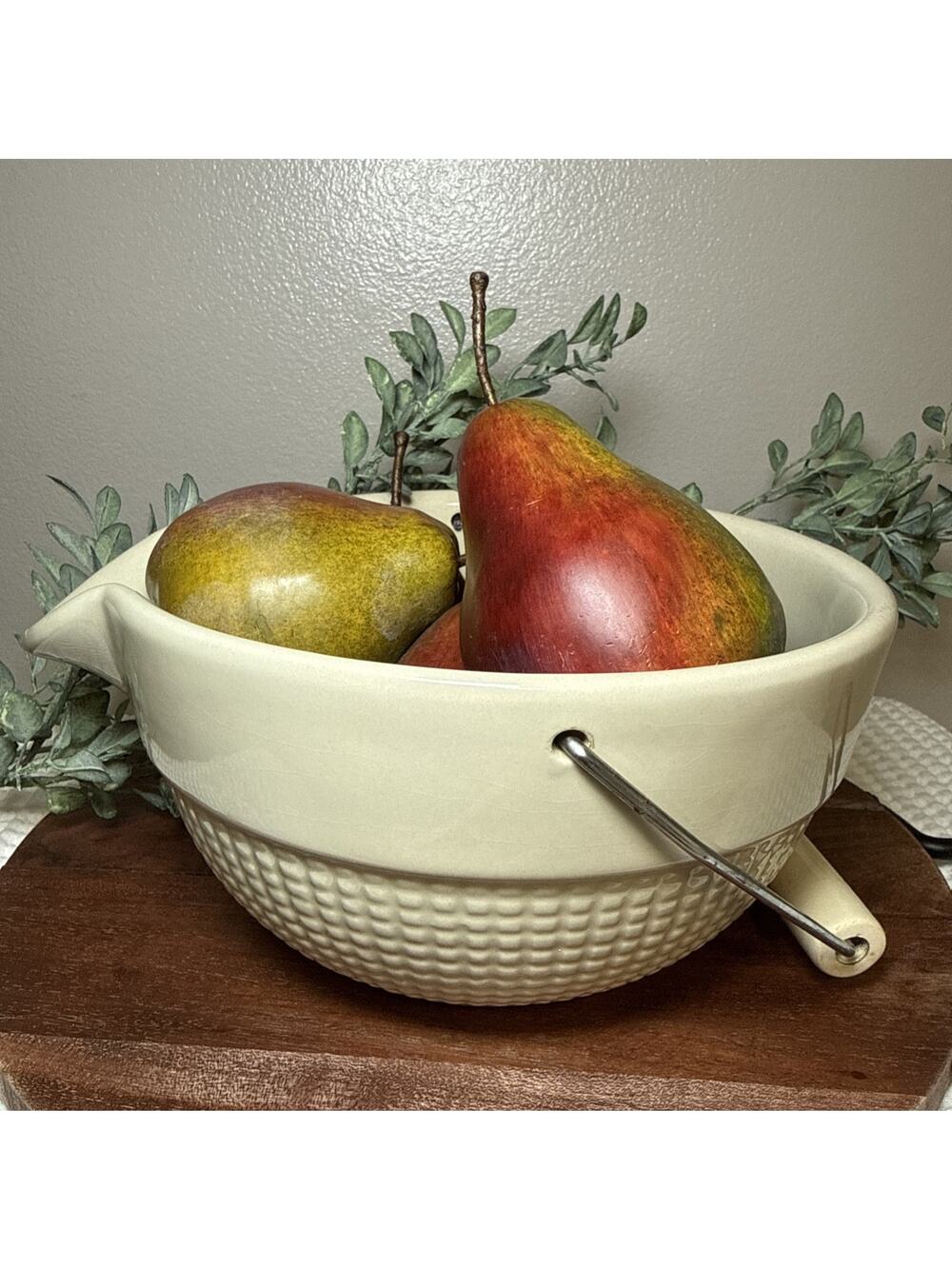 Vintage B & F Ceramic Batter Bowl w Wire Handle Cream Basketweave Mixing Bowl